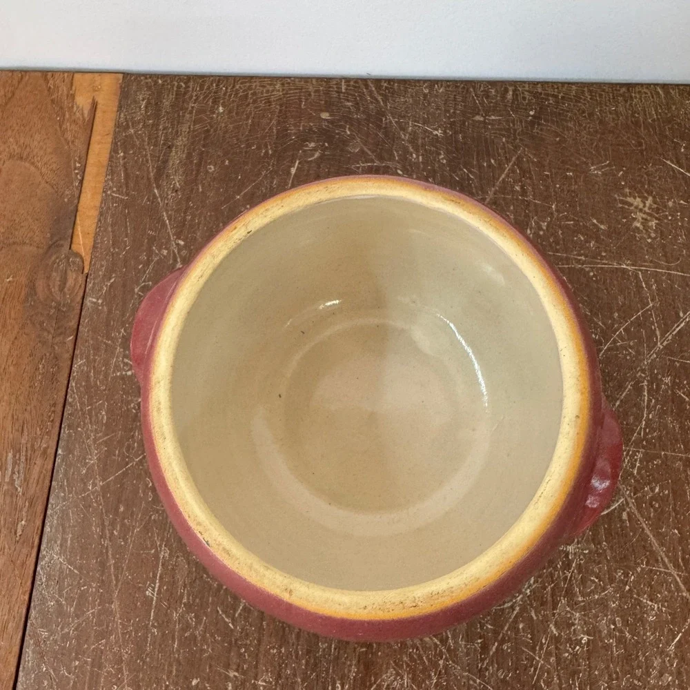 Uhl Pottery Co. Crock Stoneware Grease Drip‎ Burgundy Glaze Ceramic Lid Vintage
